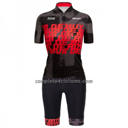 Completo Maglia + Pantaloncino con bretelle Santini 2023 La Fleche Wallonne Manica Corta Rosso Nero Donna